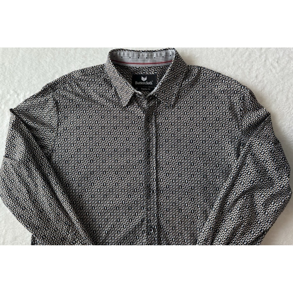 Buttercloth Men XL Button-Up Black Gold Shirt Geometric Chess Print Long Sleeve - Picture 3 of 12